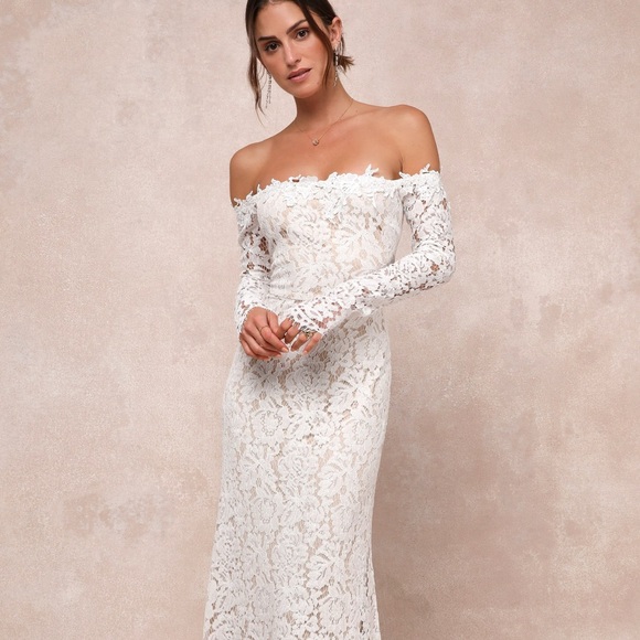 Lulu's Off-Shoulder Lace Dress in Cream - Picture 1 of 3